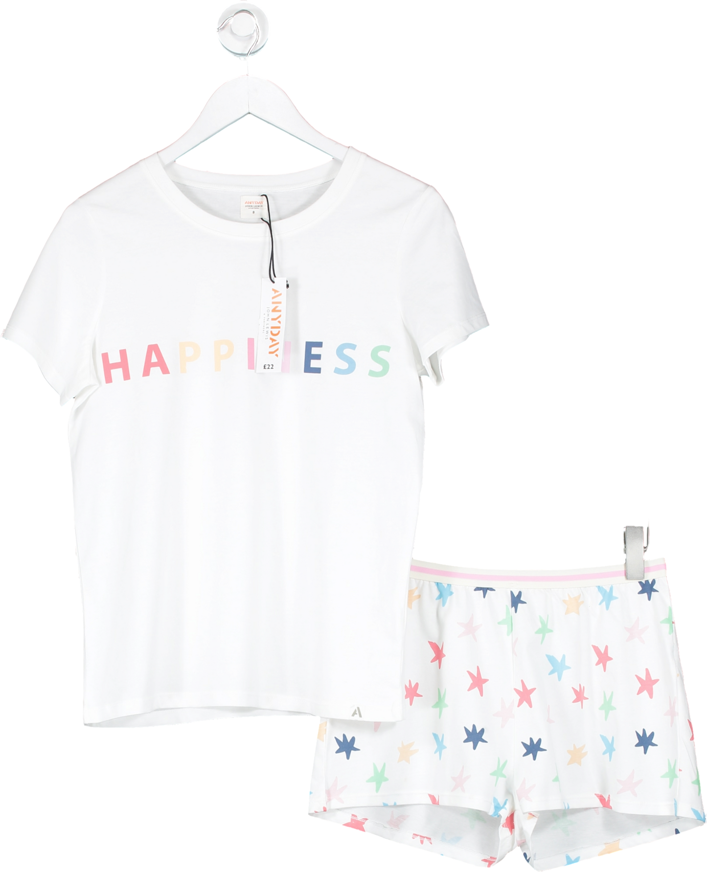 JOHN LEWIS White Multicoloured "happiness" Slogan Sustainable Cotton Shorty Pyjama Set UK 16