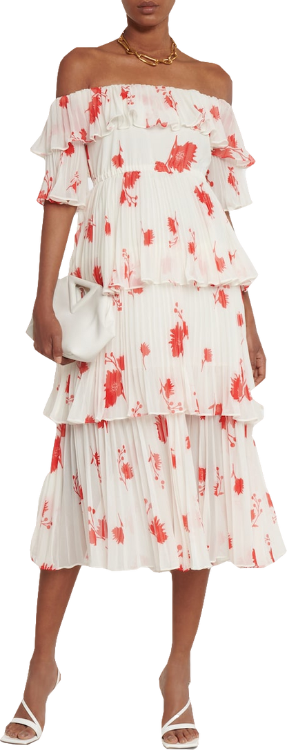 Self-Portrait White White/red Tiered Floral Chiffon Dress UK 12