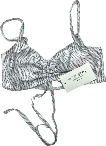 In The Style White Zebra Print Ruched Tie Bikini Top UK 8