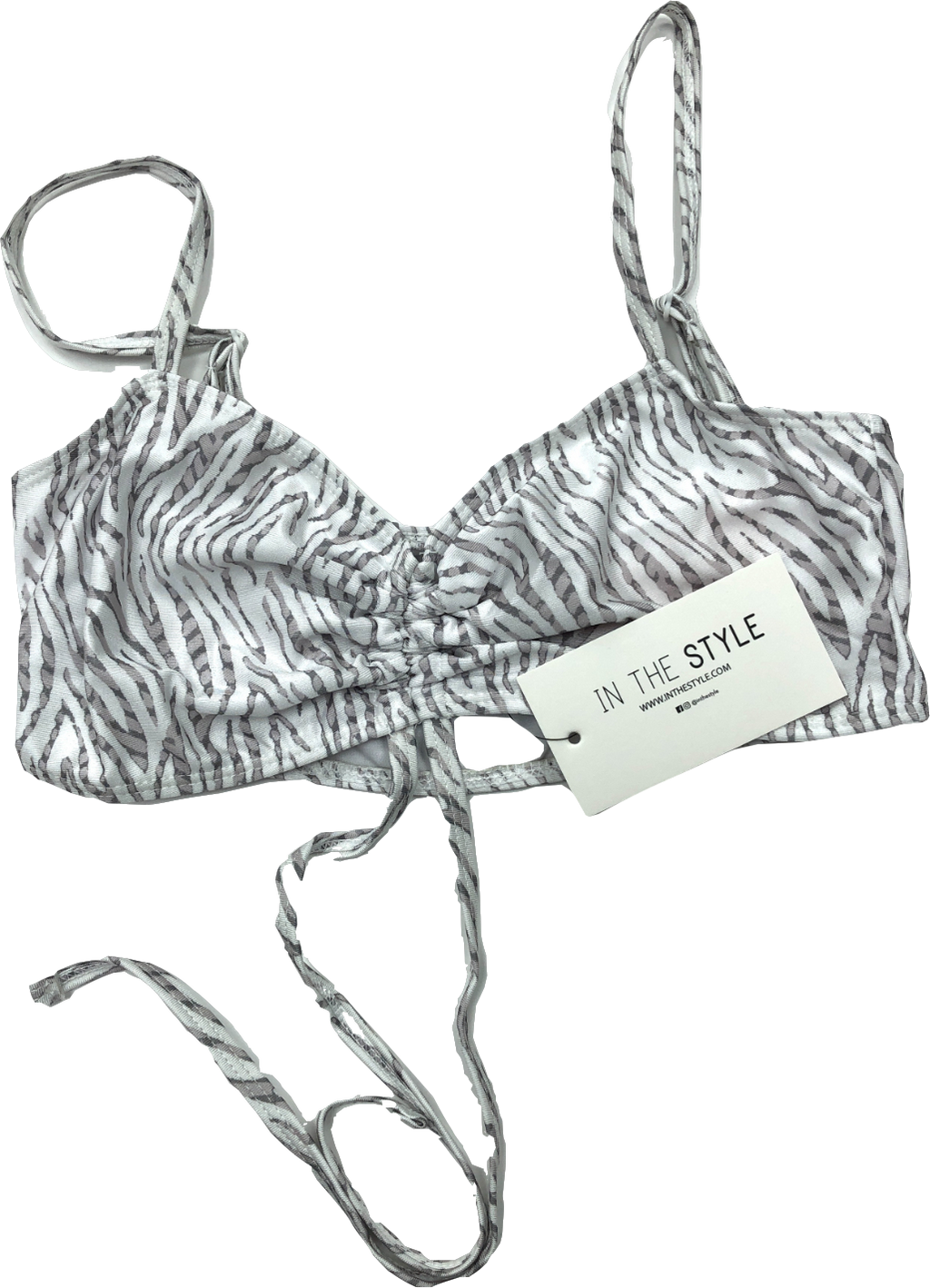 In The Style White Zebra Print Ruched Tie Bikini Top UK 8