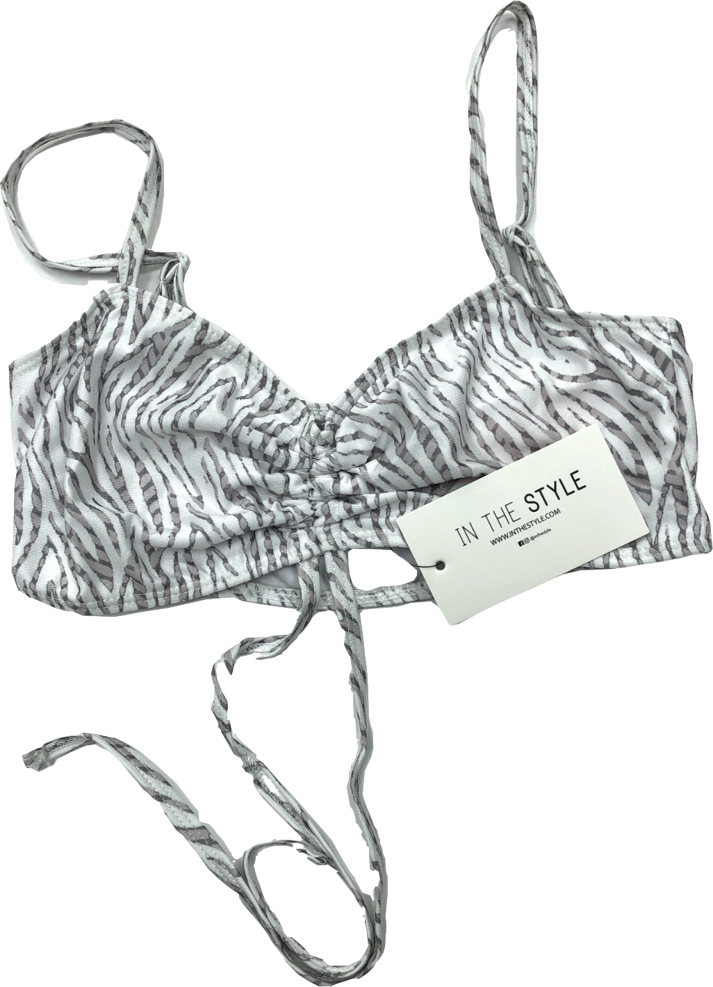 In The Style White Zebra Print Ruched Tie Bikini Top UK 8