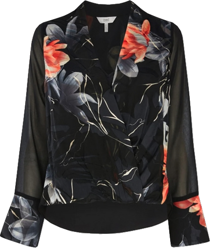 Coast Black Floral Chiffon Layered Wrap Blouse BNWT UK 16
