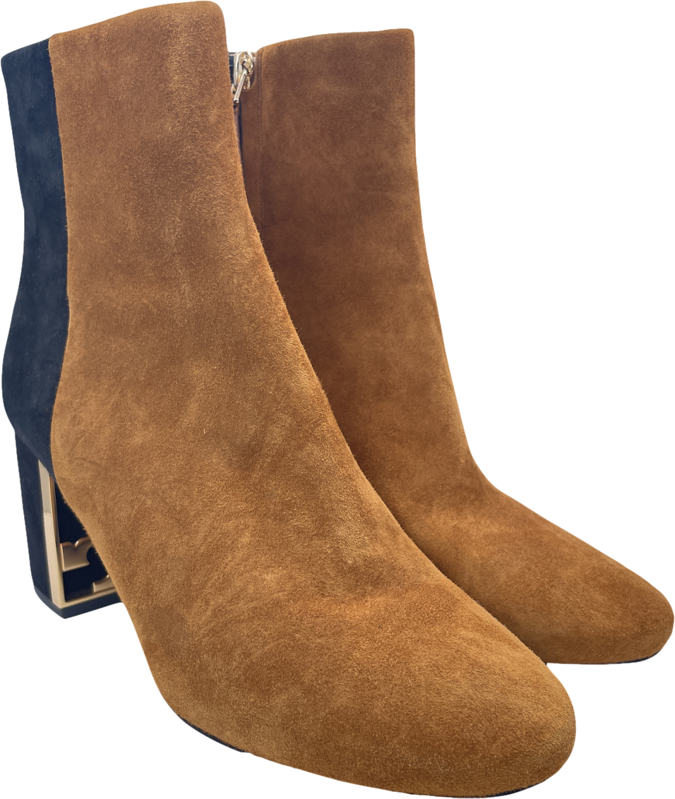 Tory Burch Black / Camel Suede Gigi Logo Heel Ankle Boots Us7 UK 4 EU 37 👠
