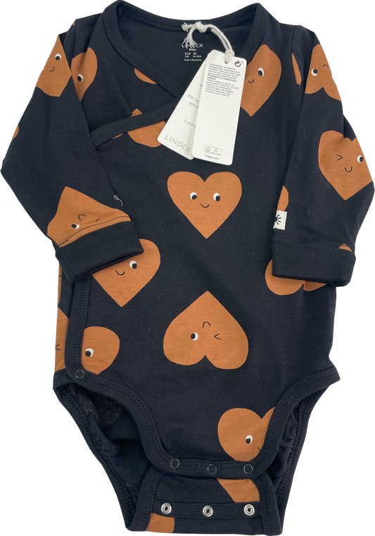 LINDEX Black / Brown Wrap Bodysuit With Heart Pattern 3-6 Months