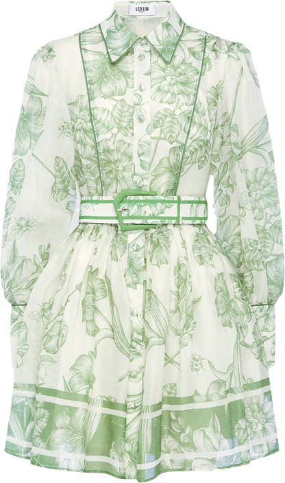 Leo Lin White / Green Silk/linen Blend Floral Cassandra Belted Mini Dress UK 6