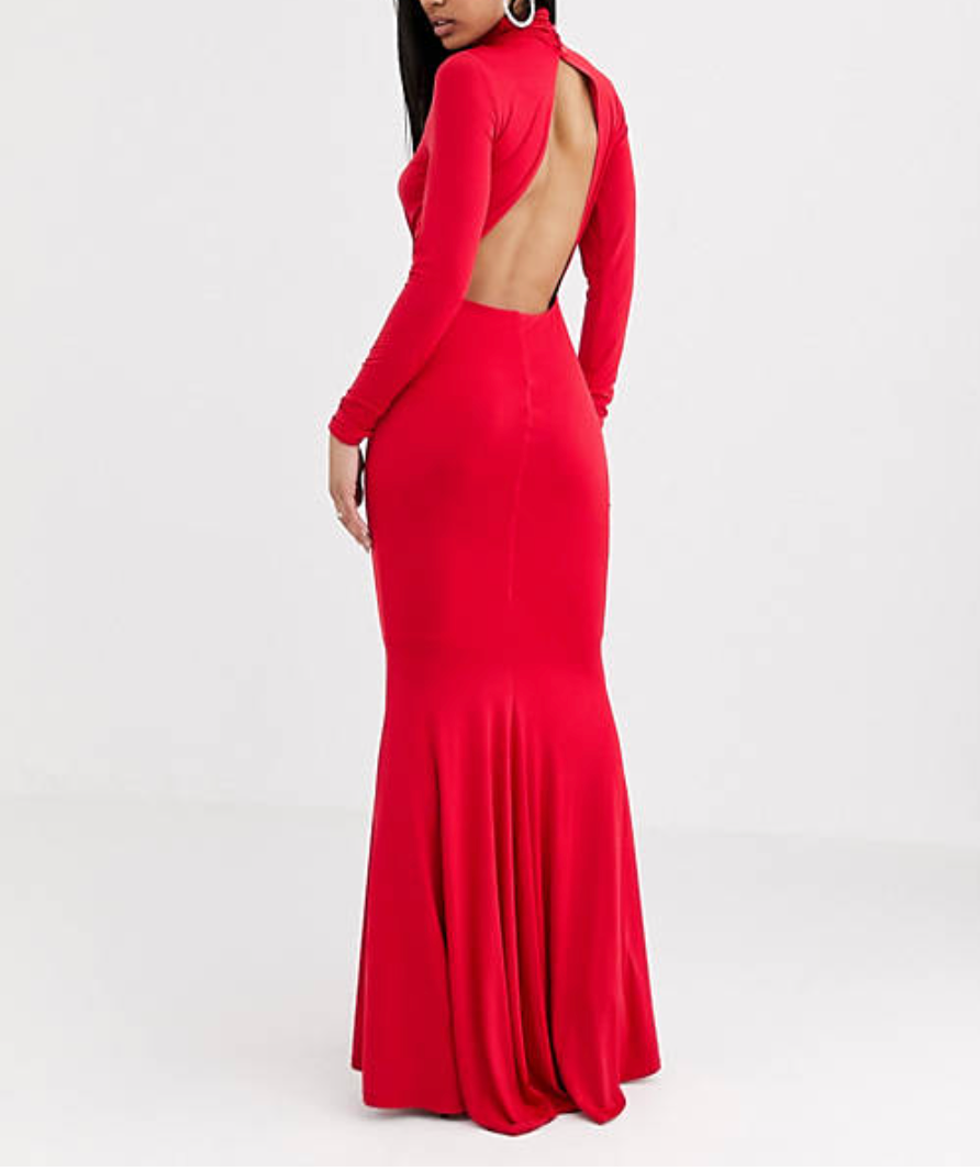 Flounce London Red High Neck Fishtail Maxi Dress with Ruched Detail UK 6