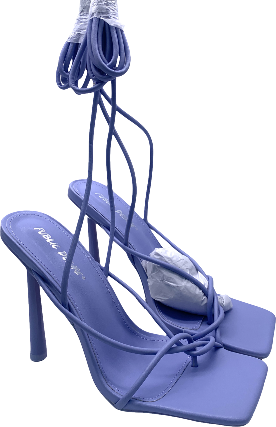 Public Desire Blue Lacey Lavender Pu Square Toe Strappy Lace Up Heels UK 7 EU 40 👠
