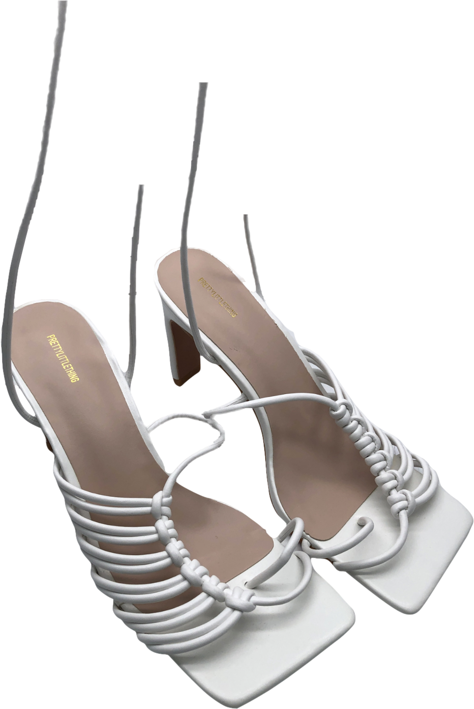 PrettyLittleThing White Pu Toe Loop Knot Side Detail Lace Up Flat Heeled Sandals UK 4 EU 37 👠