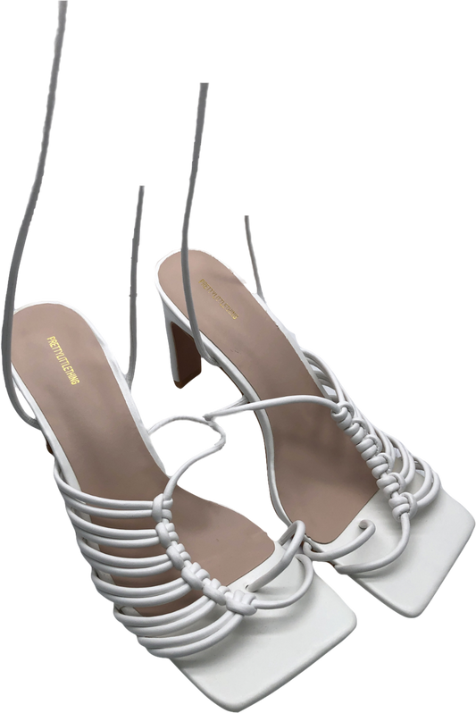 PrettyLittleThing White Pu Toe Loop Knot Side Detail Lace Up Flat Heeled Sandals UK 4 EU 37 👠