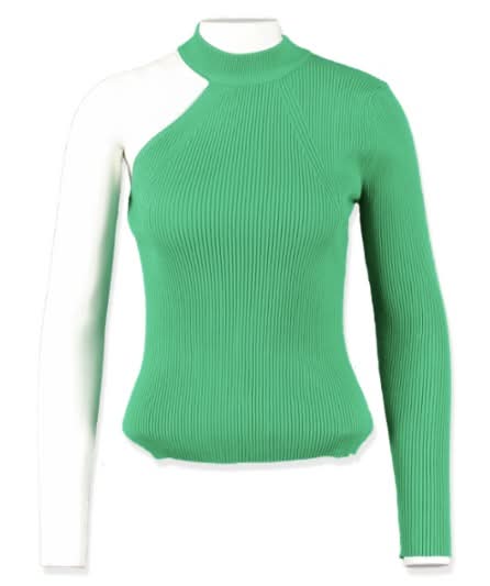 green ribbed one shoulder high neck jumper UK S