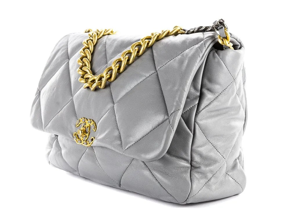 CHANEL 19 Grey Large Smooth Lambskin Leather Silver/Gold Hardware Flap Bag