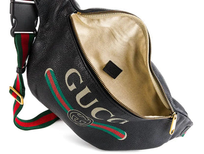 GUCCI Black Logo Grained Calfskin Large Belt/Crossbody Bag