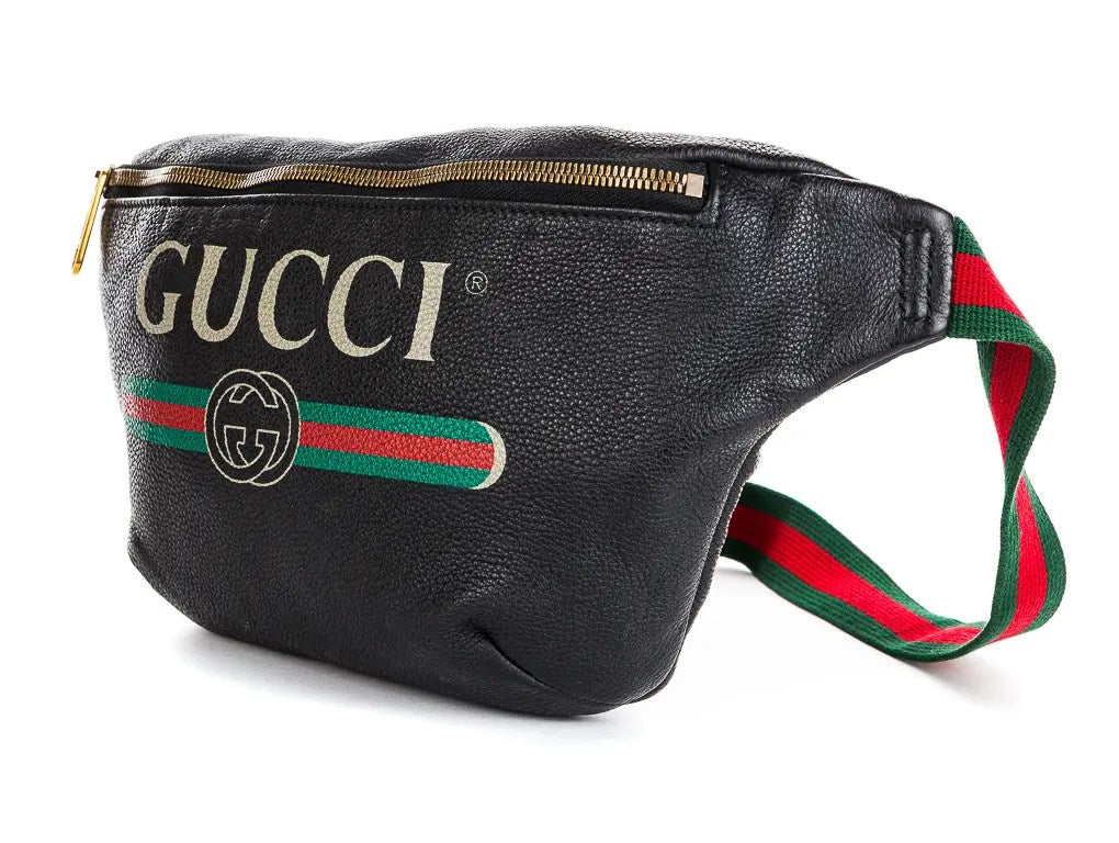 GUCCI Black Logo Grained Calfskin Large Belt/Crossbody Bag