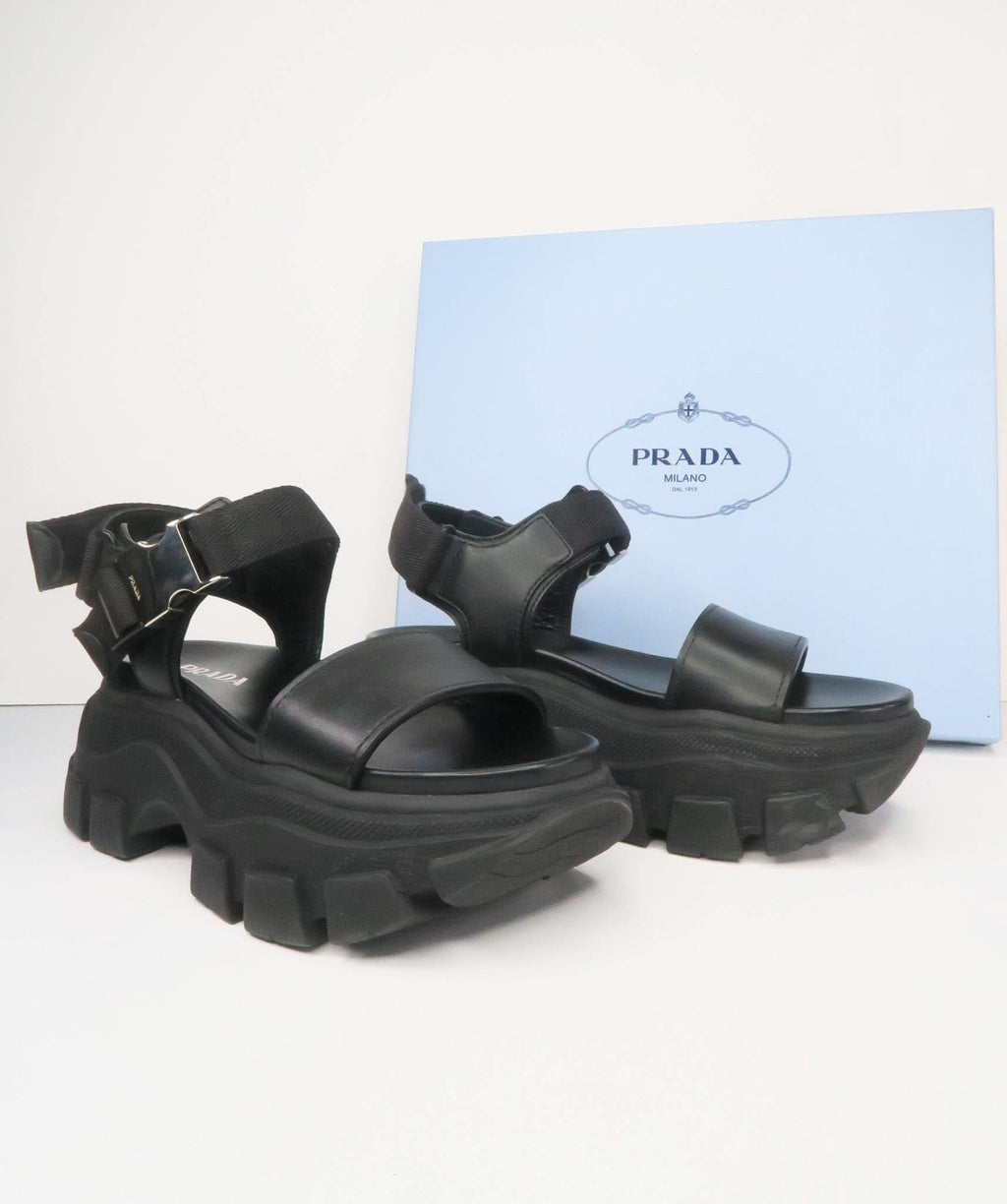 PRADA Black Pegasus Block leather-trimmed sandals EU 39 UK 6