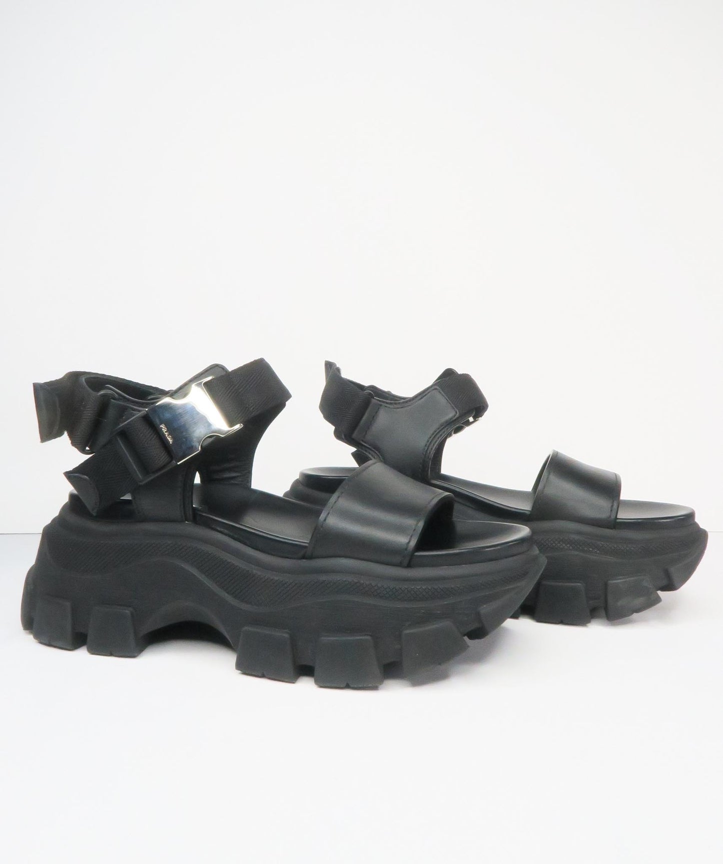 PRADA Black Pegasus Block leather-trimmed sandals EU 39 UK 6