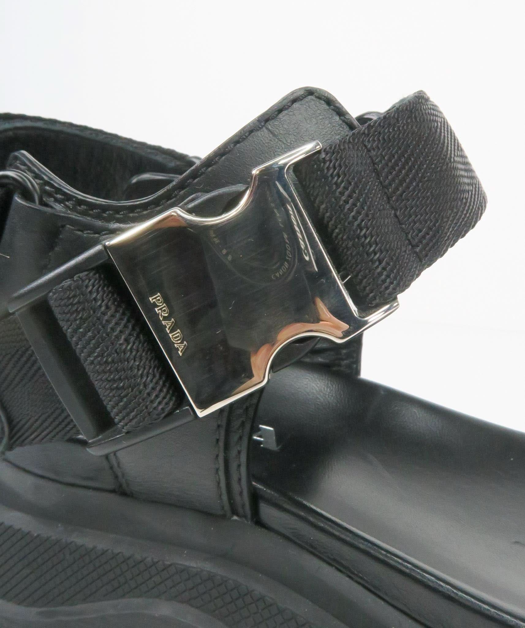 PRADA Black Pegasus Block leather-trimmed sandals EU 39 UK 6