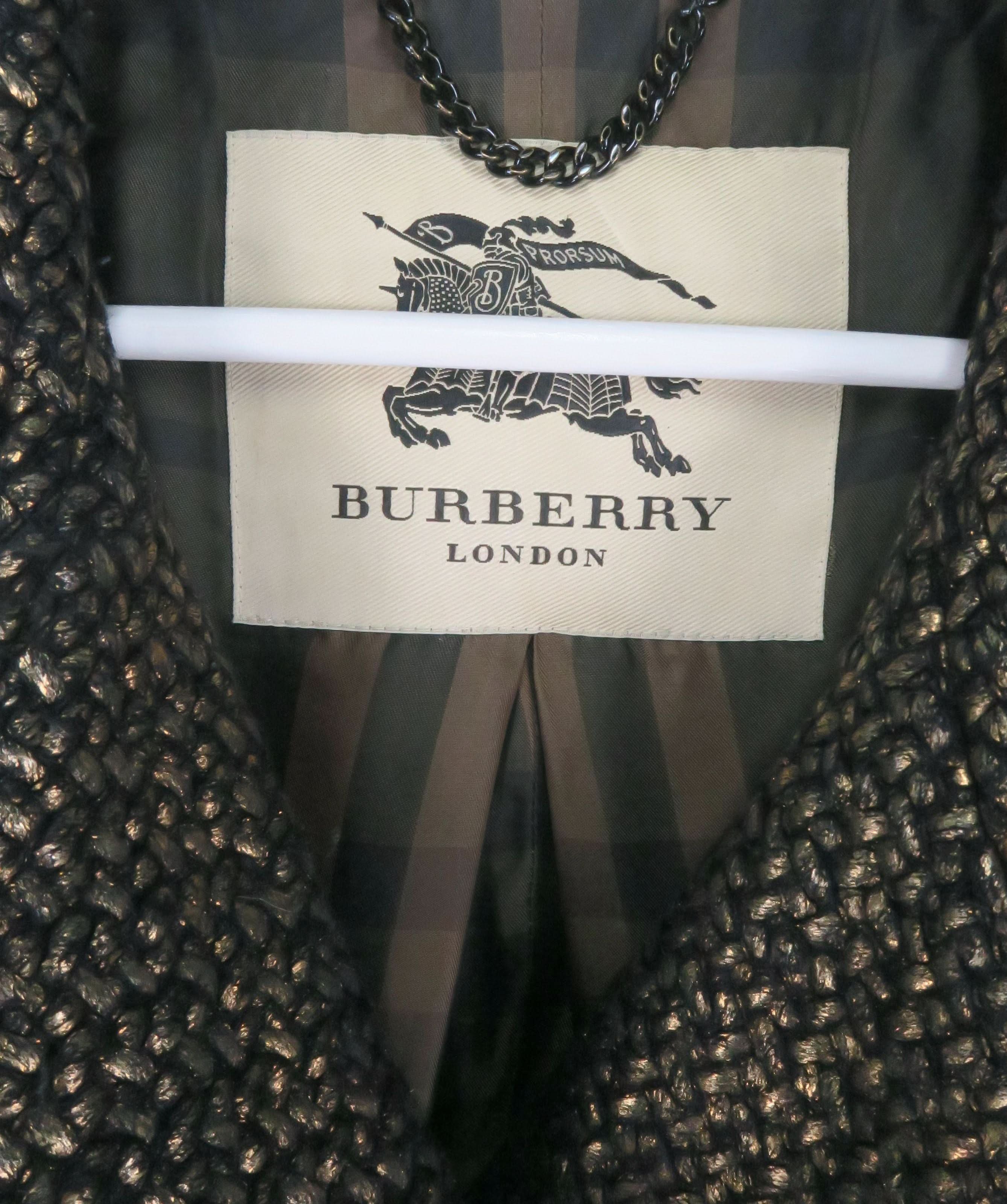 BURBERRY Black/Gold Metallic Wool Blend Double Breasted Coat UK 6