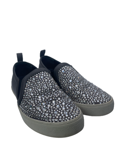Gina Grey Leather & Crystal Embellished Satin Gioia Slip On Skate Sneakers Trainers UK 3 EU 36 👠
