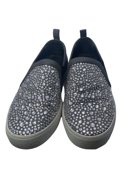 Gina Grey Leather & Crystal Embellished Satin Gioia Slip On Skate Sneakers Trainers UK 3 EU 36 👠