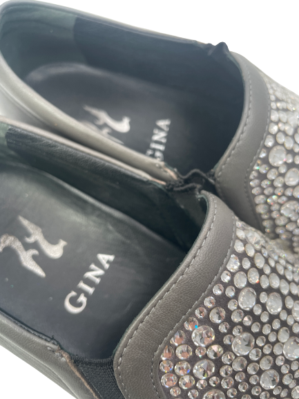 Gina Grey Leather & Crystal Embellished Satin Gioia Slip On Skate Sneakers Trainers UK 3 EU 36 👠