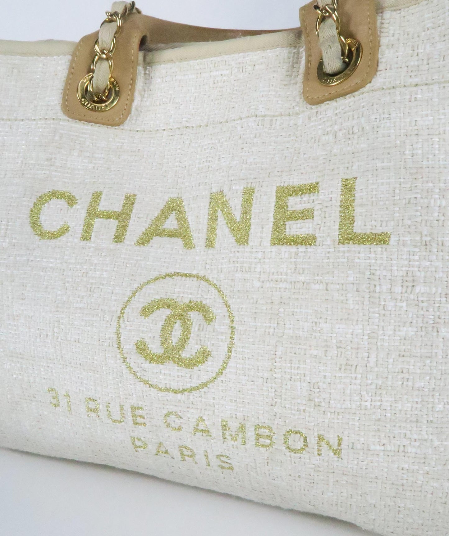 Chanel Cream Ivory Large Tweed Deauville Tote Bag