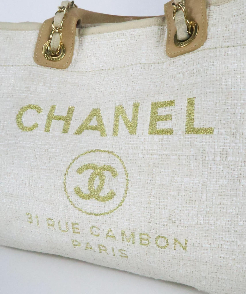 Chanel Cream Ivory Large Tweed Deauville Tote Bag