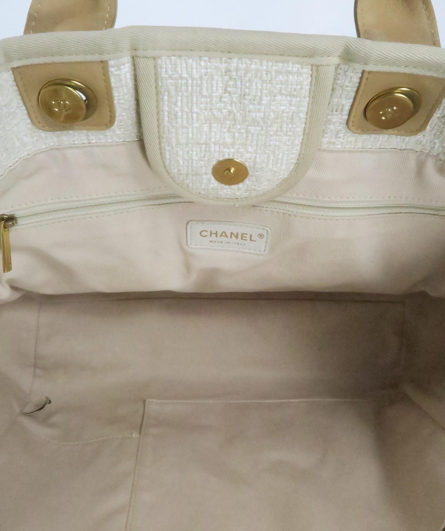 Chanel Cream Ivory Large Tweed Deauville Tote Bag