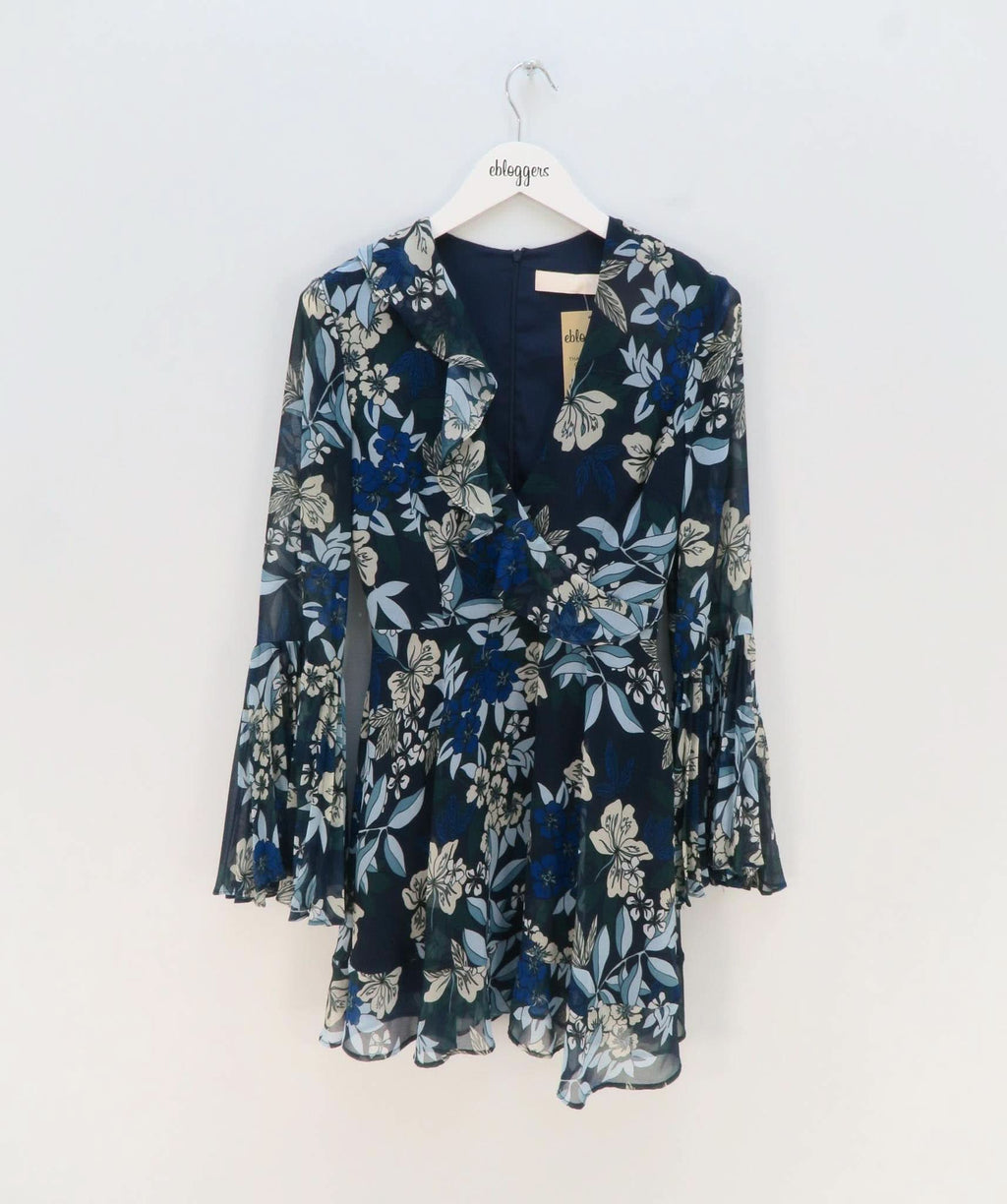 KEEPSAKE BLUE FLORAL BELL SLEEVE DRESS UK XS