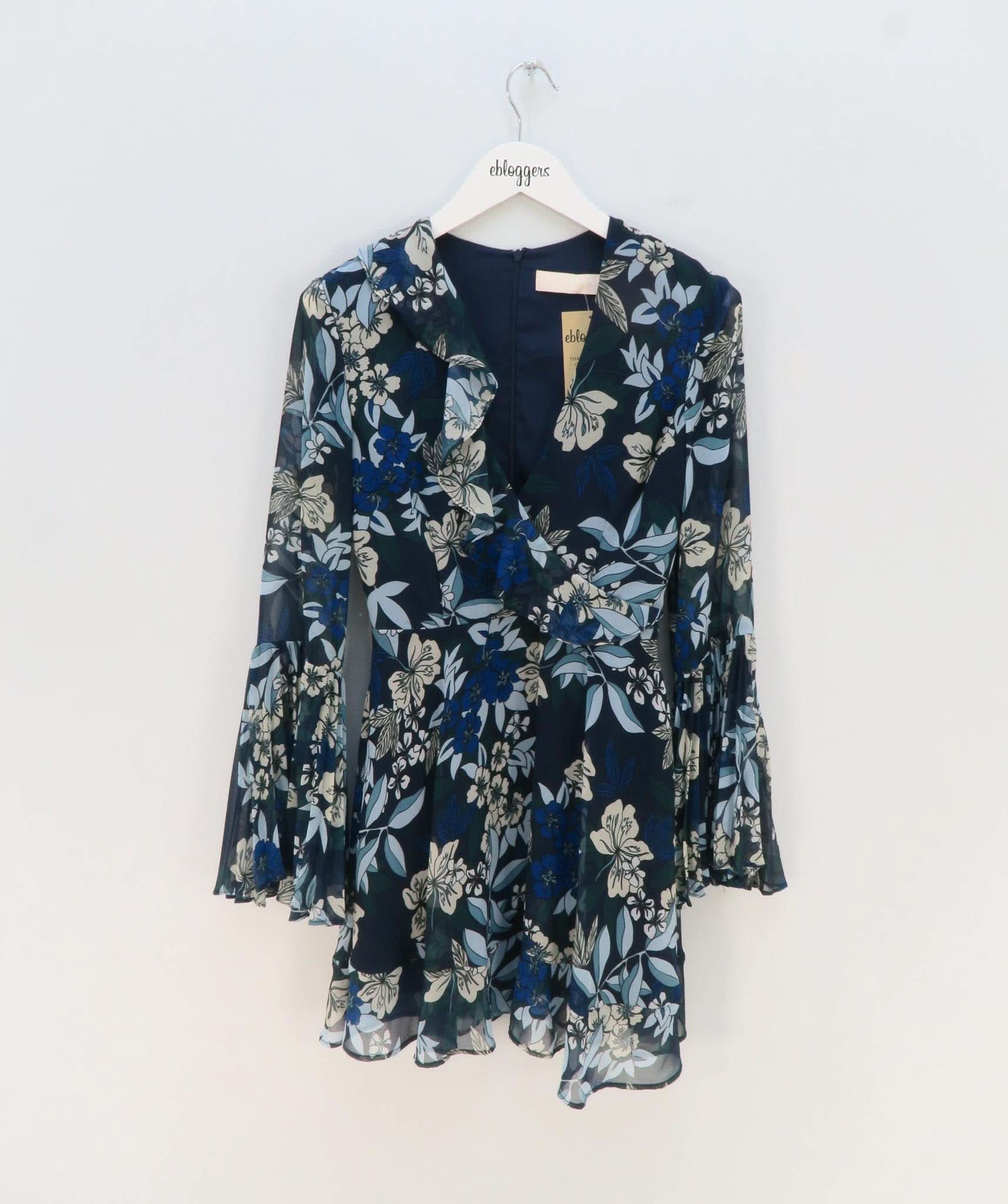 KEEPSAKE BLUE FLORAL BELL SLEEVE DRESS UK XS