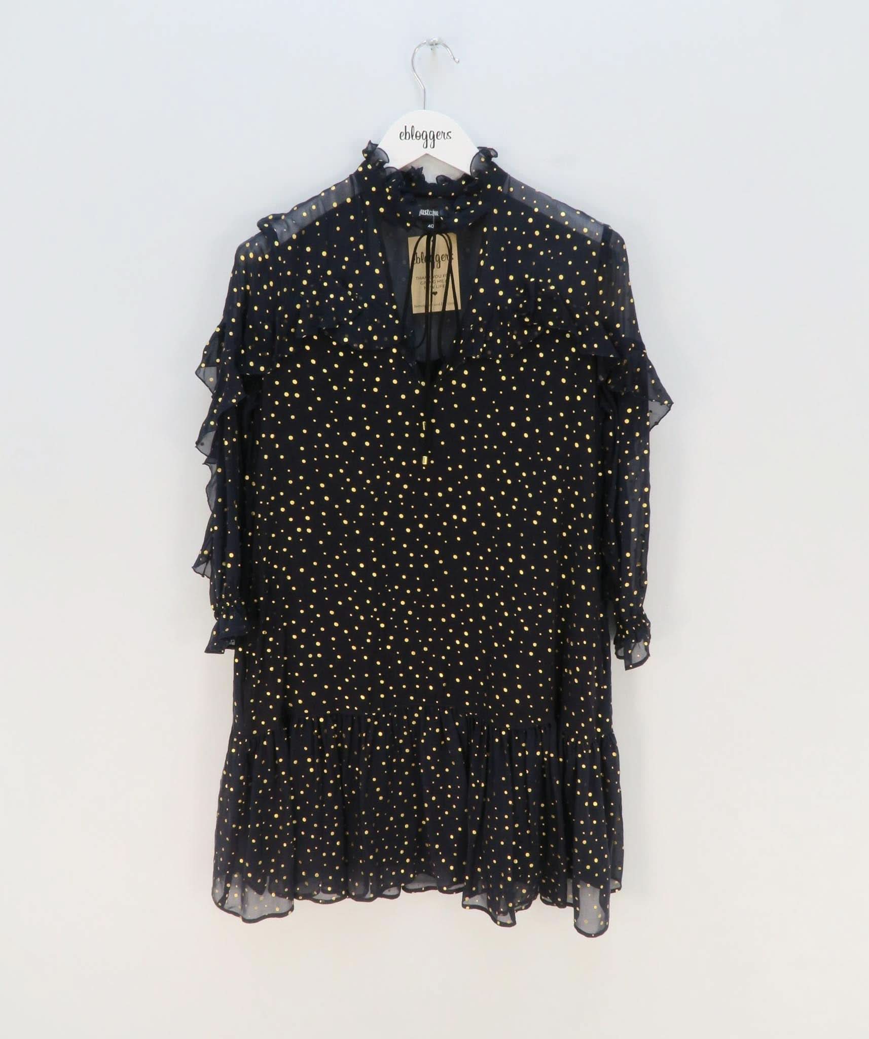 JUST CAVALLI BLUE GOLD POLKA DOT SHEER DRESS UK 40