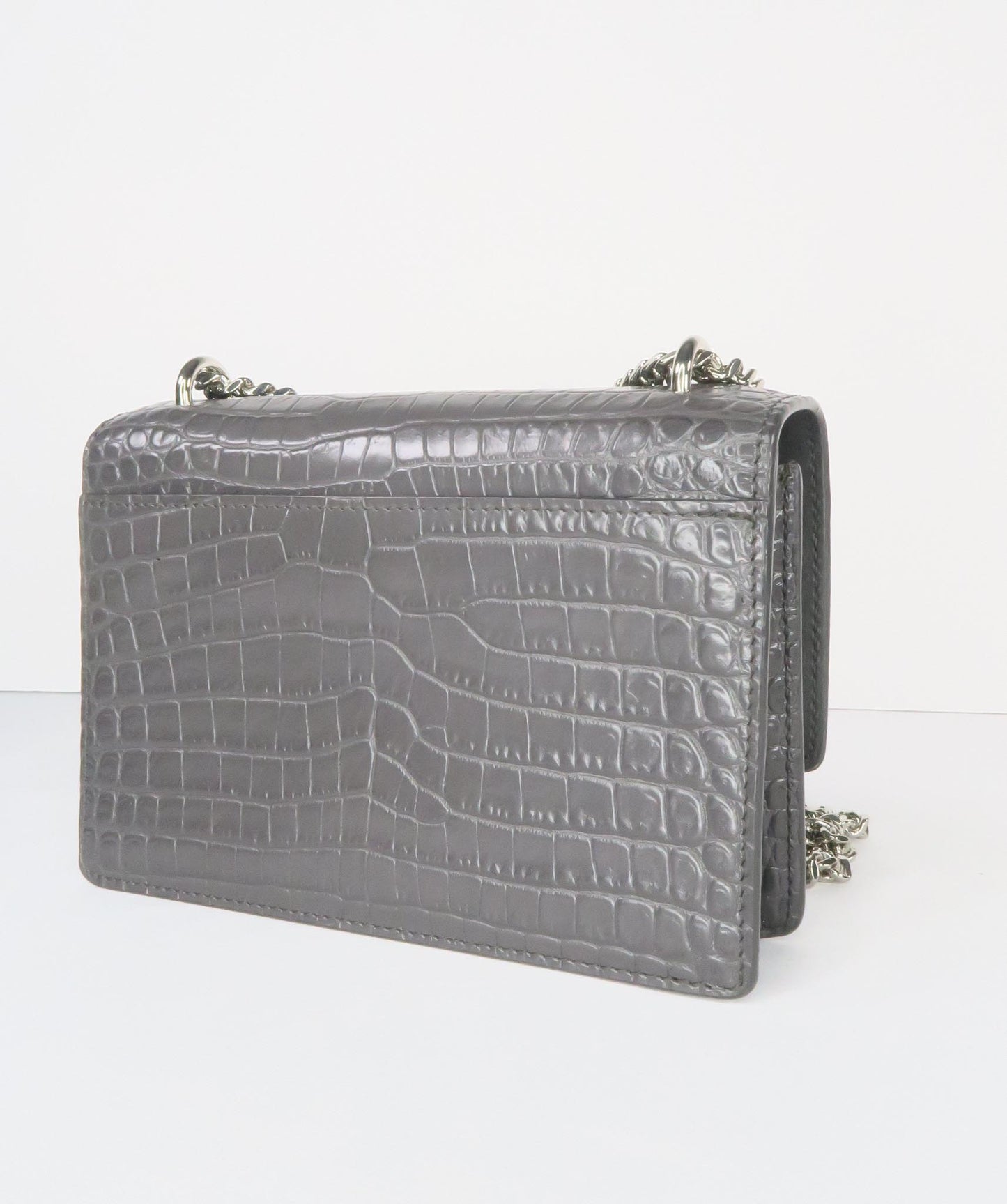 SAINT LAURENT Grey Sunset Croc Embossed Mini Grey Leather Shoulder Bag