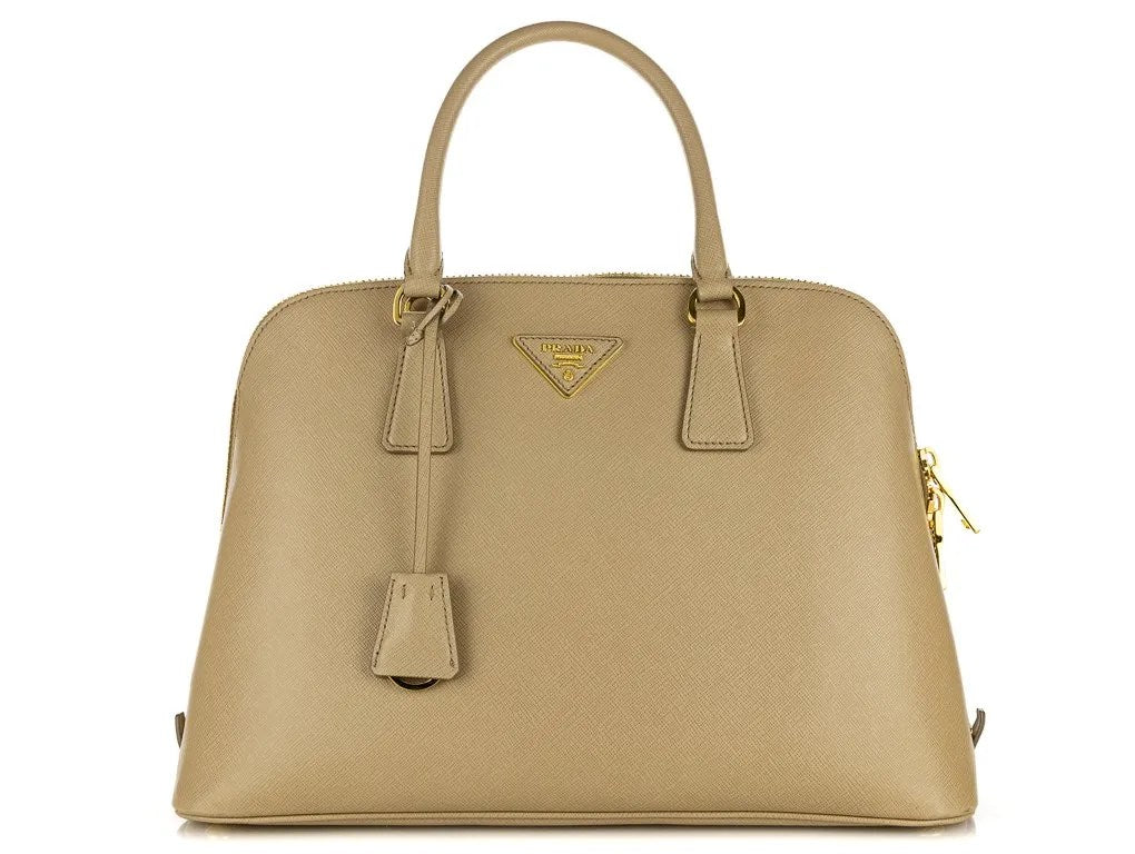 PRADA Sand Large Saffiano Leather Promenade bag with Gold hardware