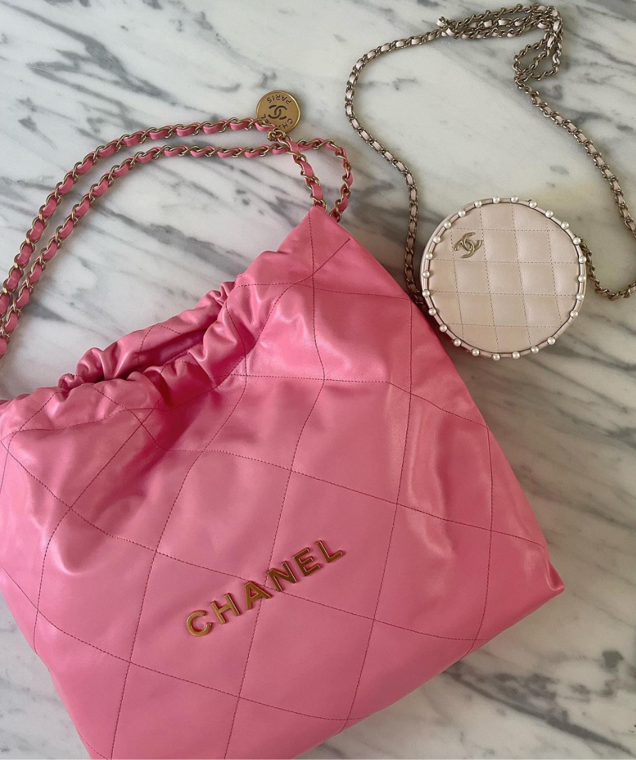 Chanel Coral Pink Calfskin Quilted 22 Bag With Pouch