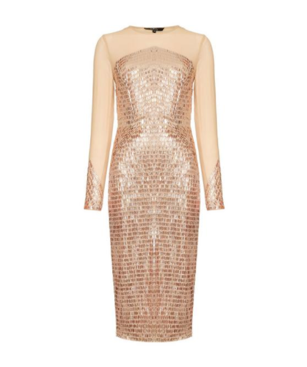 STAR BY JULIEN MACDONALD NUDE SEQUIN MESH ROUND NECK LONG SLEEVE MIDI DRESS UK 8