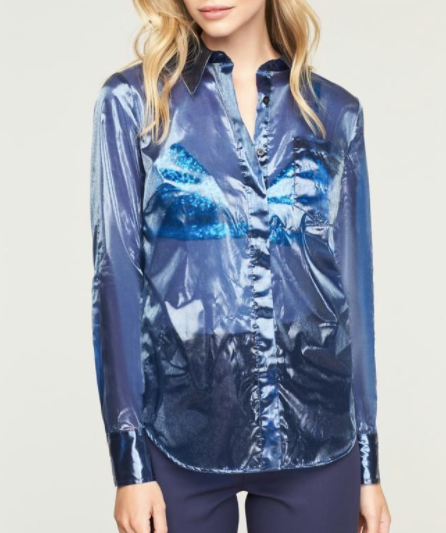 MILLY BLUE BUTTON DOWN MESH SHIRT UK 4