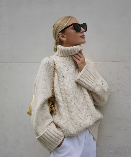 Ganni Beige Cotton/wool Blend K1797 High Neck Cable Knit Jumper UK S/M