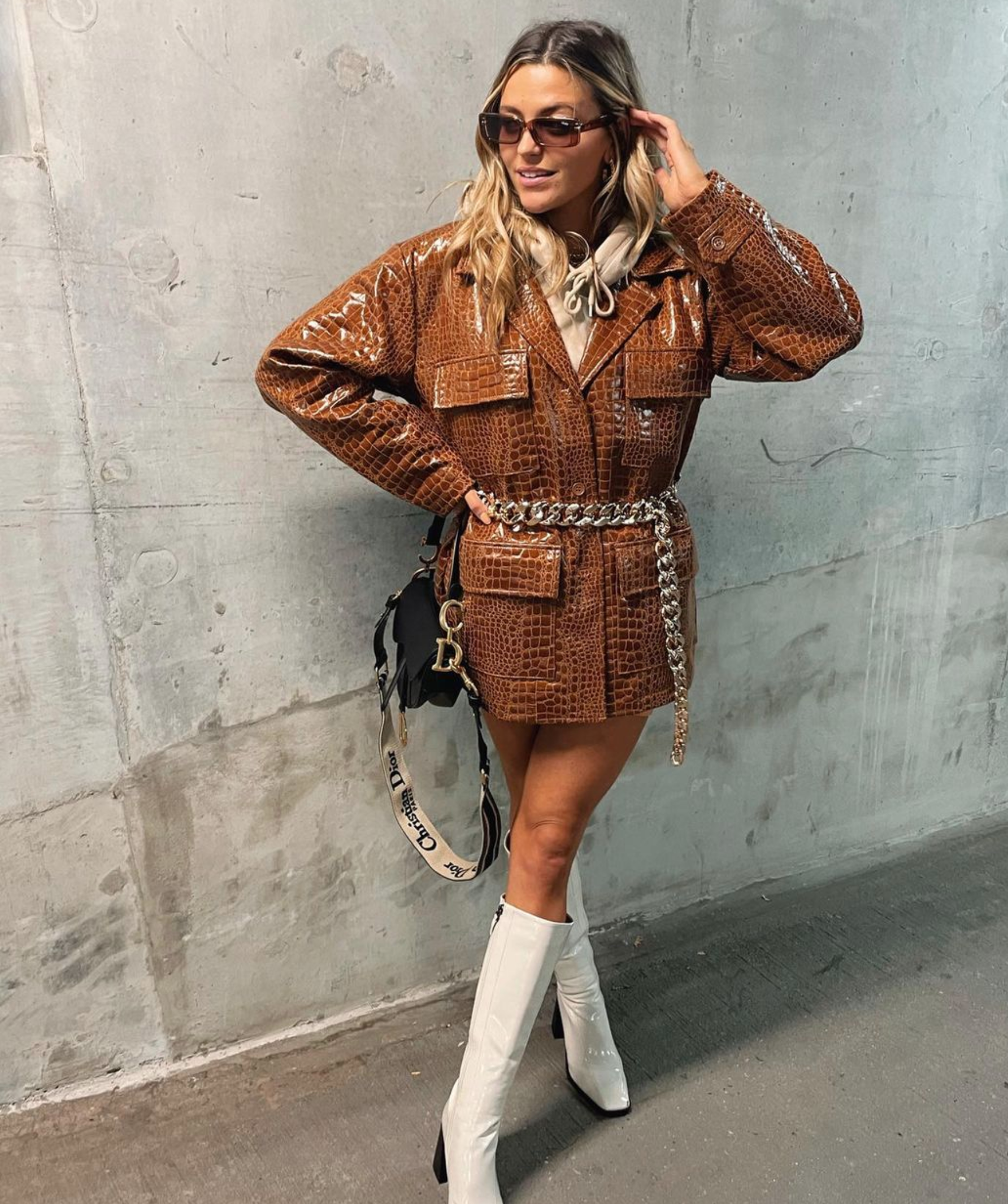 NASTY GAL Brown Croc Faux Leather Vinyl Belted Jacket (without belt) UK 10