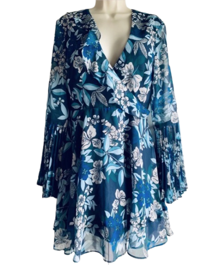 KEEPSAKE BLUE FLORAL BELL SLEEVE DRESS UK XS