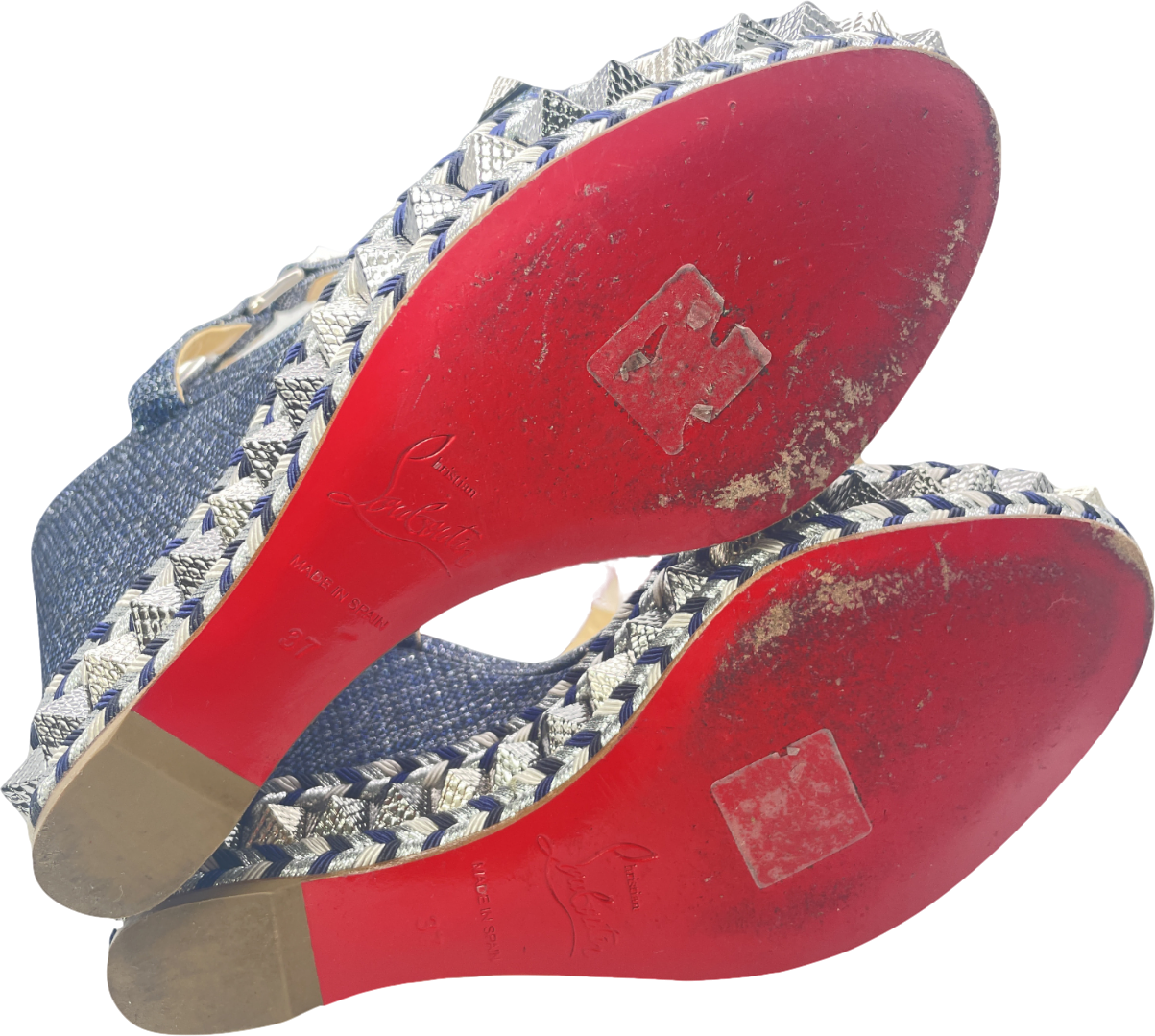 Christian Louboutin Pyraclou Spike Denim Wedge Red Sole Sandal In Blue UK 4 EU 37 👠