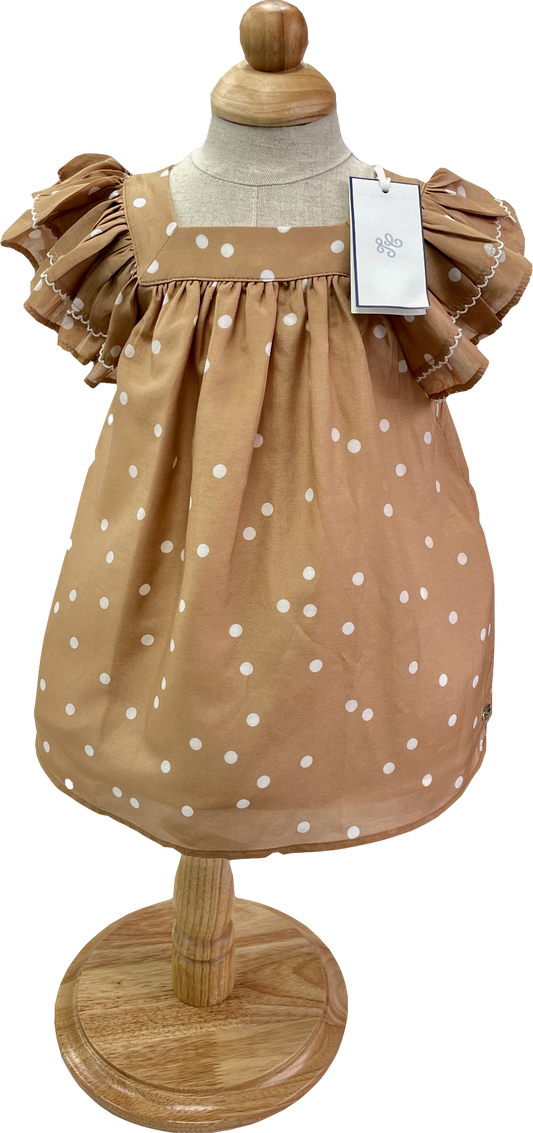 Tartine et Chocolat Beige Flutter Sleeve Camel Polka Dot Dress Bnwt 6-9 Months