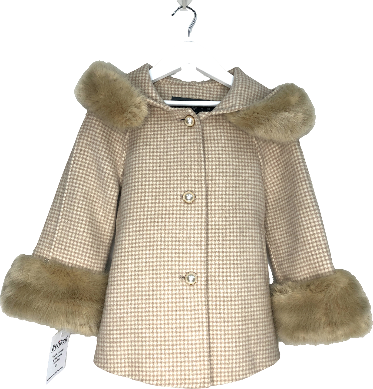 Popski Beige KIDS Checked Fur Trim Coat UK L