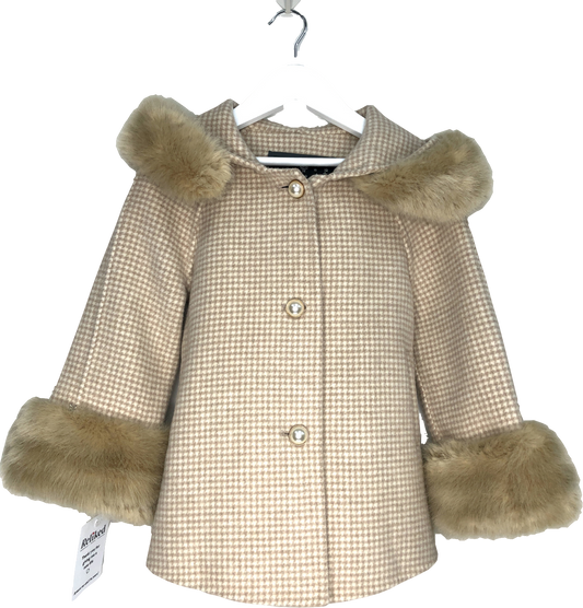 Popski Beige KIDS Checked Fur Trim Coat UK L
