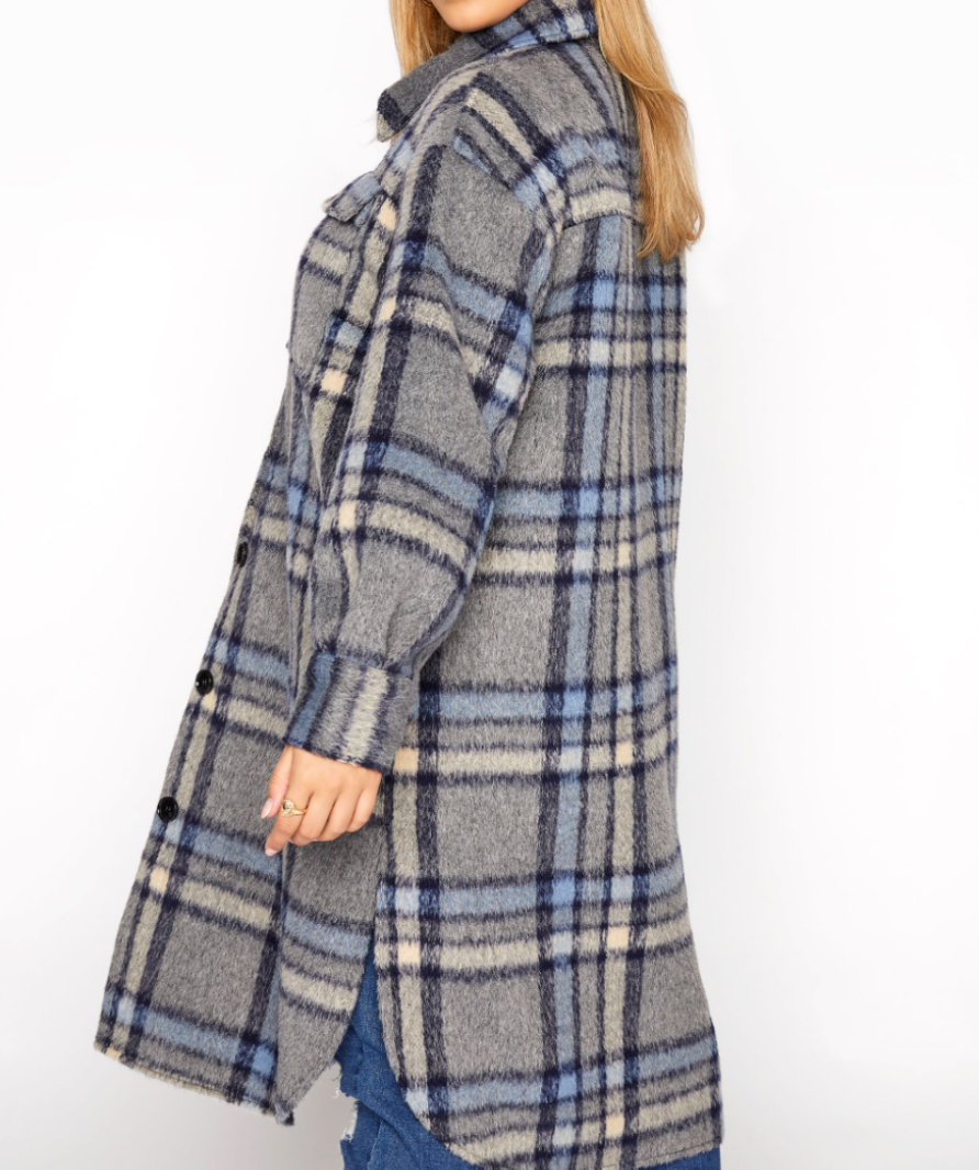 Yours Blue Grey & Blue Curve Checked Midi Shacket UK 26-28