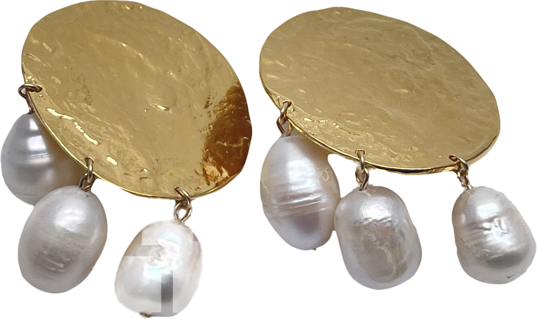 Metallic Large Hammered Gold Disc Pearl Drop Clip On Earrings