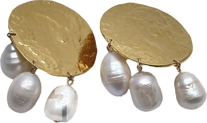 Metallic Large Hammered Gold Disc Pearl Drop Clip On Earrings