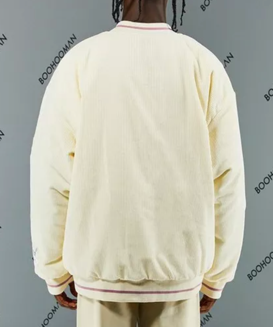 Boohoo Ecru Tn Ofcl Floral Cord Oversized Varsity Bomber Jacket UK XL