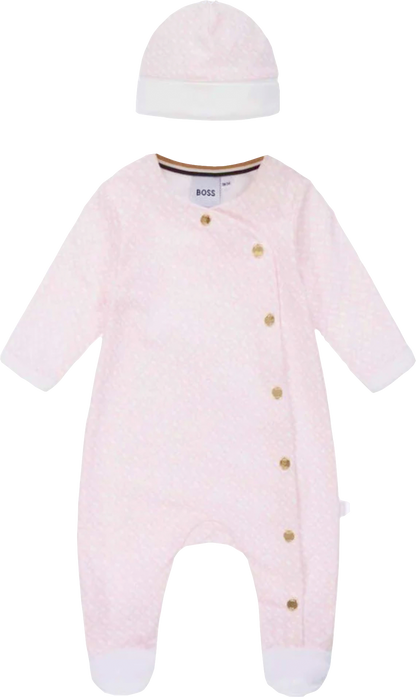 BOSS Baby Logo Print One-piece & Pull On Hat Set, Pink - Gift Boxed Newborn