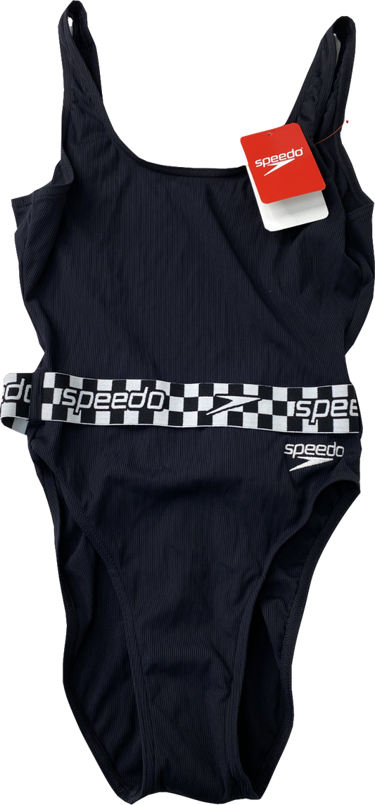 Speedo Black Belted Deep U-back 1 Piece Swimsuit UK 10
