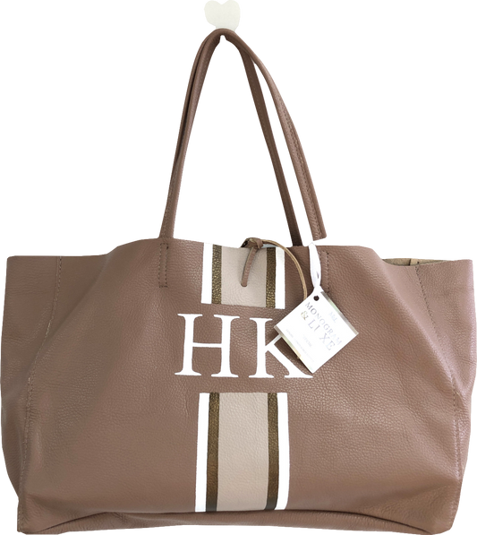 Monogram & Luxe Brown La Taupe Leather Tote Bag With Hand Painted Monogram Stripe