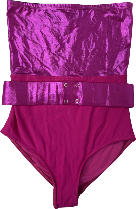 Leslie Amon Pink Metallic Belted Strapless Swimsuit UK S